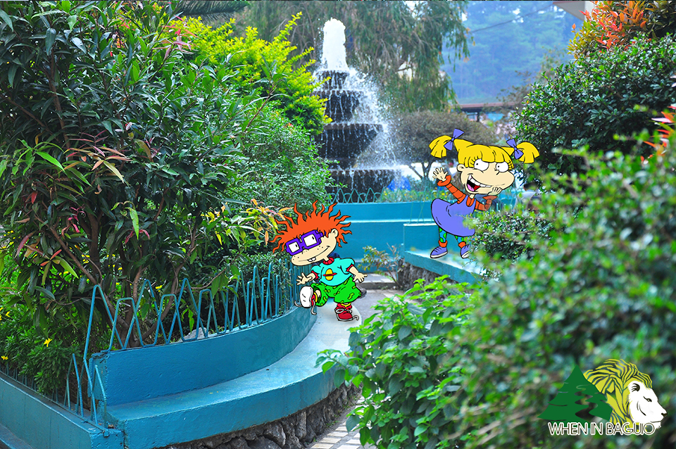 Chuckie Finster and Angelica Pickles playing around the SLU fountain